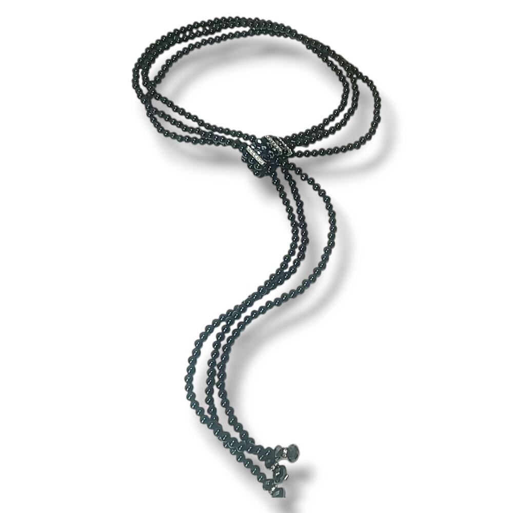Black Bead Triple Strand Lariat Necklace White Rhinestone Accents 26"